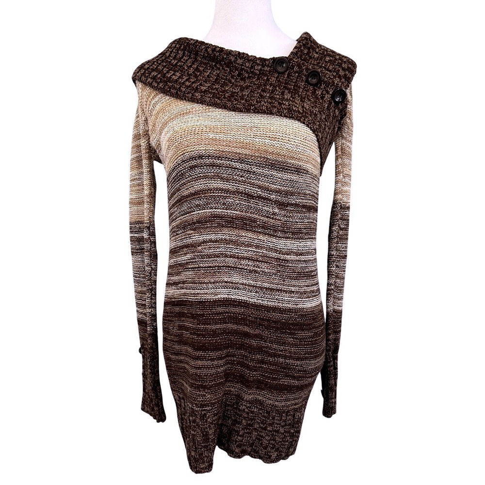 Say What Brown Ombre‎ Striped Button Shawl Collar Tunic Sweater Dress Medium